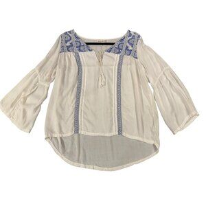 Billabong Shirt Womens Medium White Blue Embroidered Boho Peasant Tassel Tunic